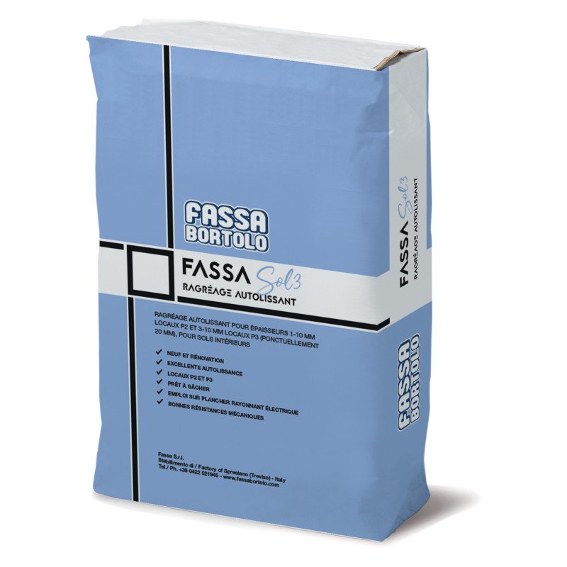 Ragréage autolissant FASSA Sol3 – Épaisseur 1 à 10 mm (jusqu'à 20 mm ponctuellement) – Sac de 25 kg