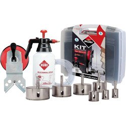 KIT DE GUIDAGE ET DE PERÇAGE POUR CARREAUX RUBI FORAGRES - INCLUS RÉSERVOIR, TUYAU, FORETS DIAMANT ET VALISE